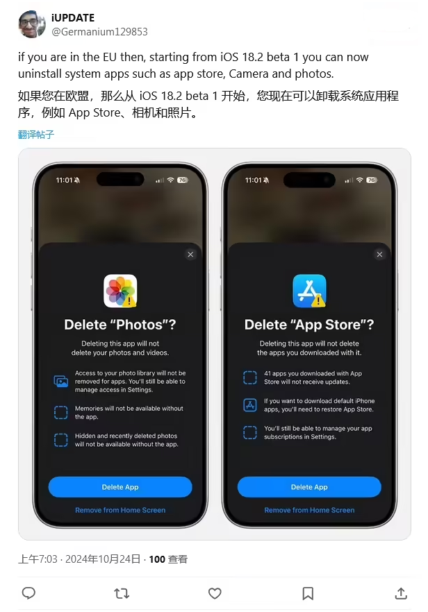 尼玛苹果手机维修分享iOS 18.2 支持删除 App Store 应用商店 